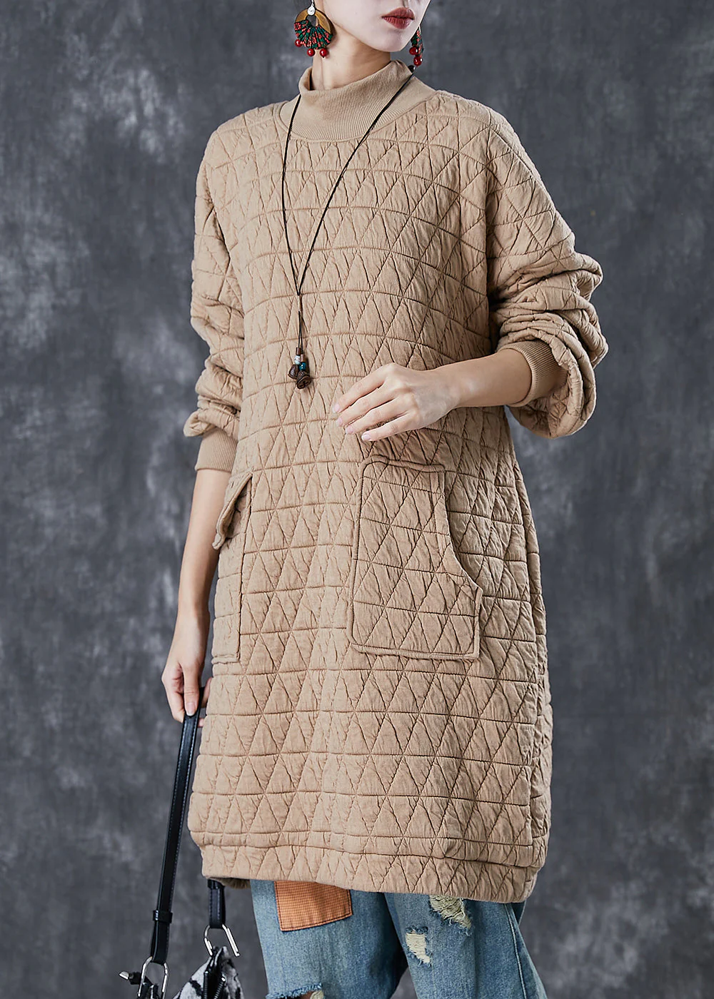 Casual Khaki Stand Collar Pockets Fine Cotton Filled Loose Sweatshirt Dress Winter - Image 3