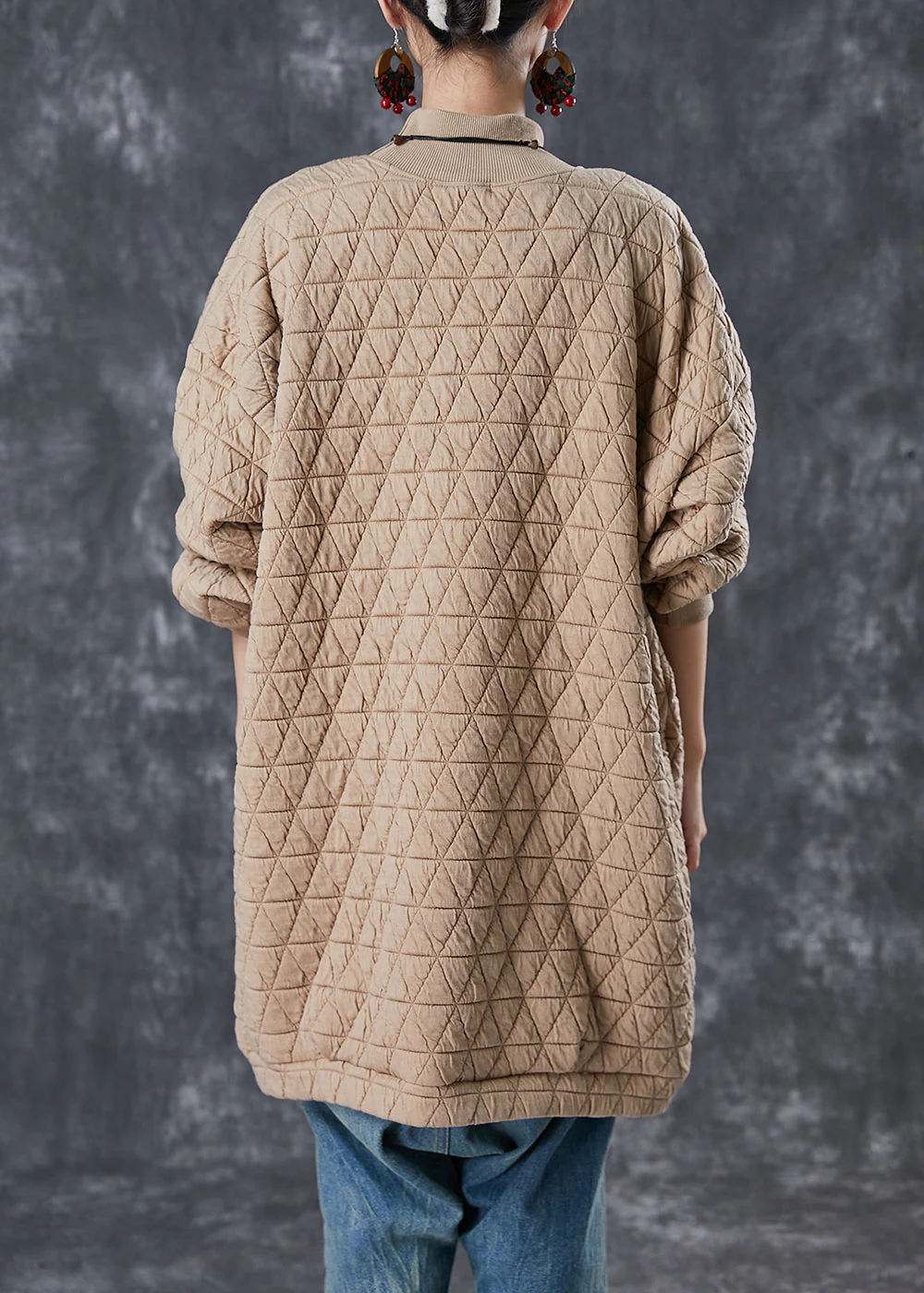 Casual Khaki Stand Collar Pockets Fine Cotton Filled Loose Sweatshirt Dress Winter - Image 4