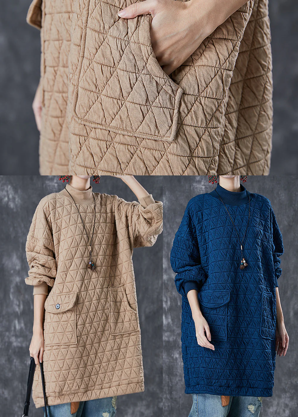 Casual Khaki Stand Collar Pockets Fine Cotton Filled Loose Sweatshirt Dress Winter - Image 5