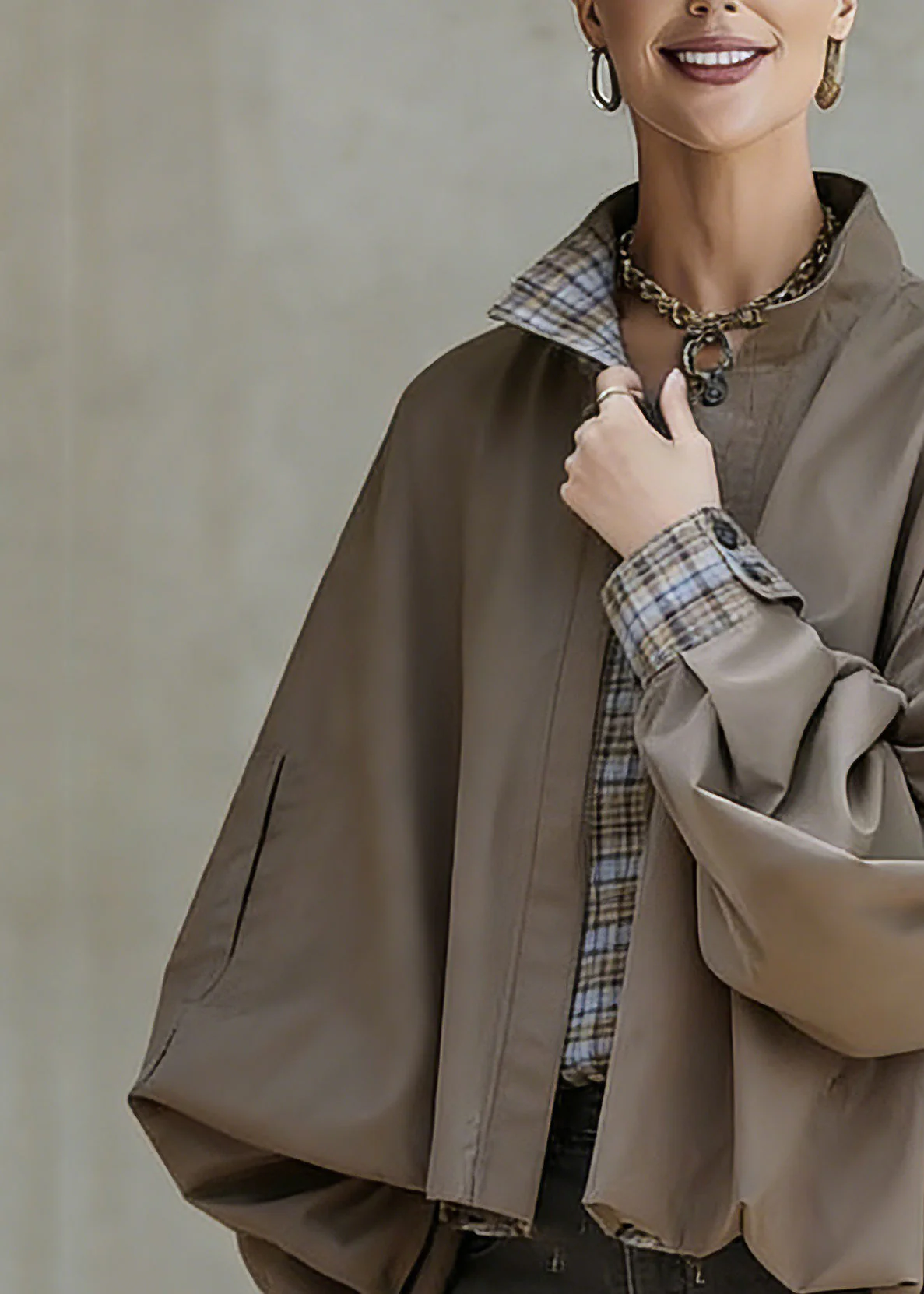Casual Khaki Stand Collar Pockets Patchwork Low High Design Coat Spring - Image 2