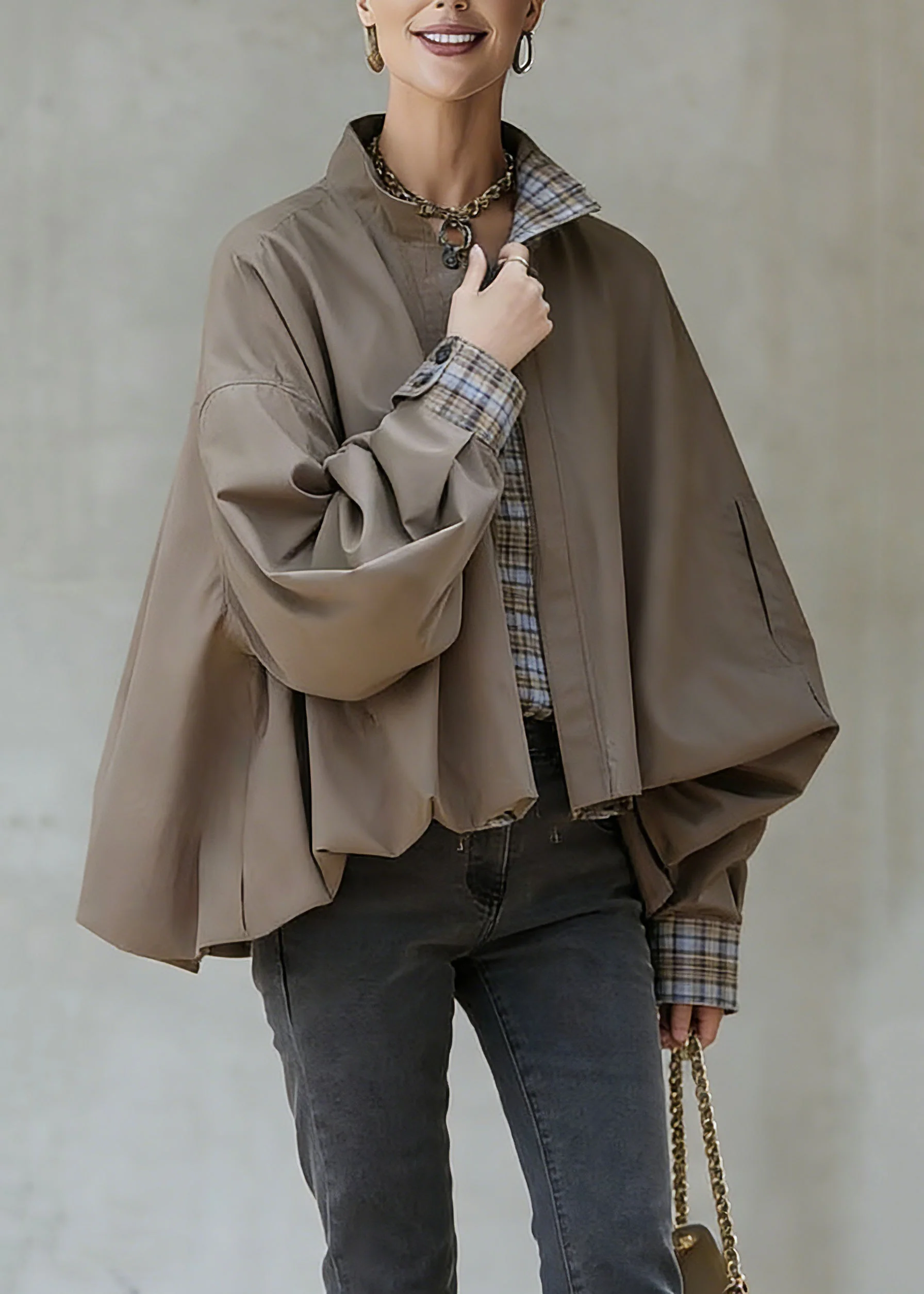 Casual Khaki Stand Collar Pockets Patchwork Low High Design Coat Spring - Image 3