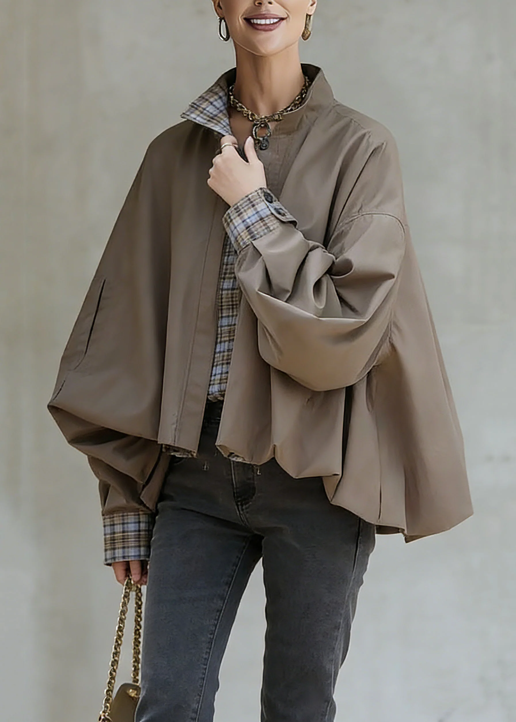 Casual Khaki Stand Collar Pockets Patchwork Low High Design Coat Spring - Image 5