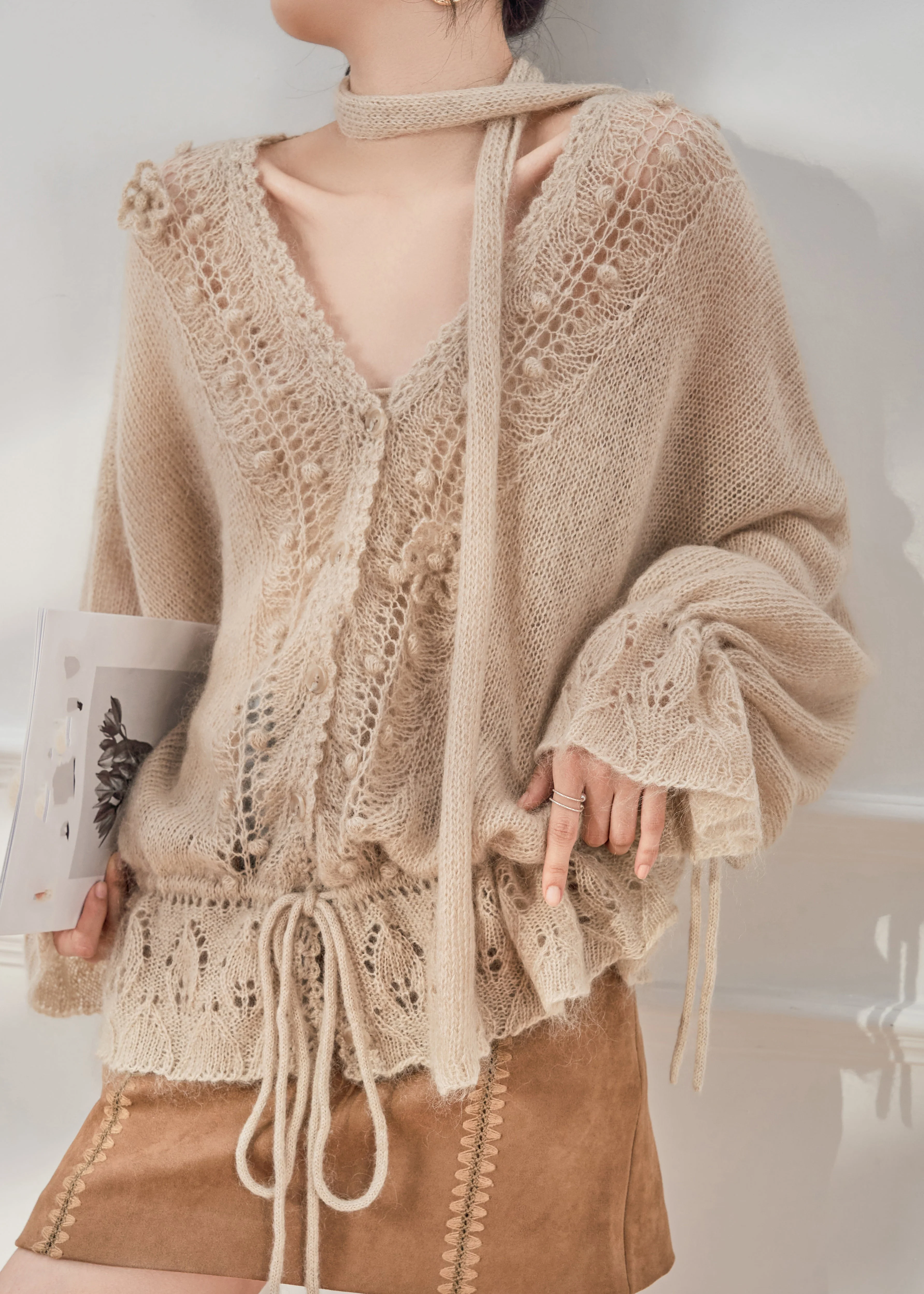 Casual Khaki V Neck Drawstring Cozy Knit Cardigan Flare Sleeve - Image 3