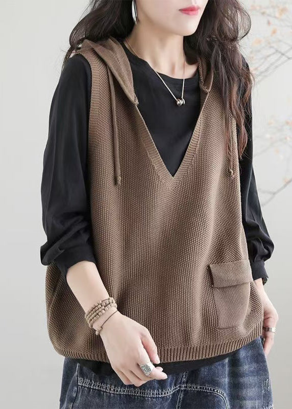 Casual Khaki V Neck Hooded Knit Vest Sleeveless - Image 2