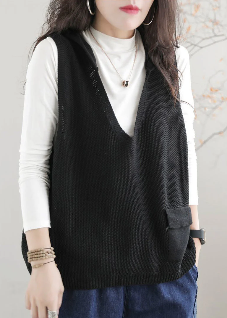 Casual Khaki V Neck Hooded Knit Vest Sleeveless - Image 3