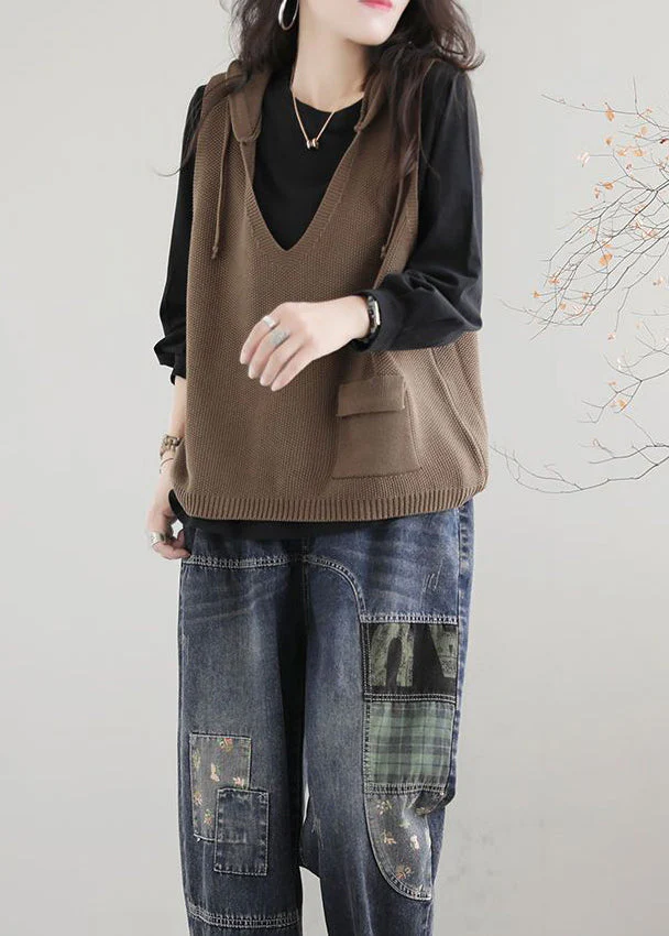 Casual Khaki V Neck Hooded Knit Vest Sleeveless - Image 4