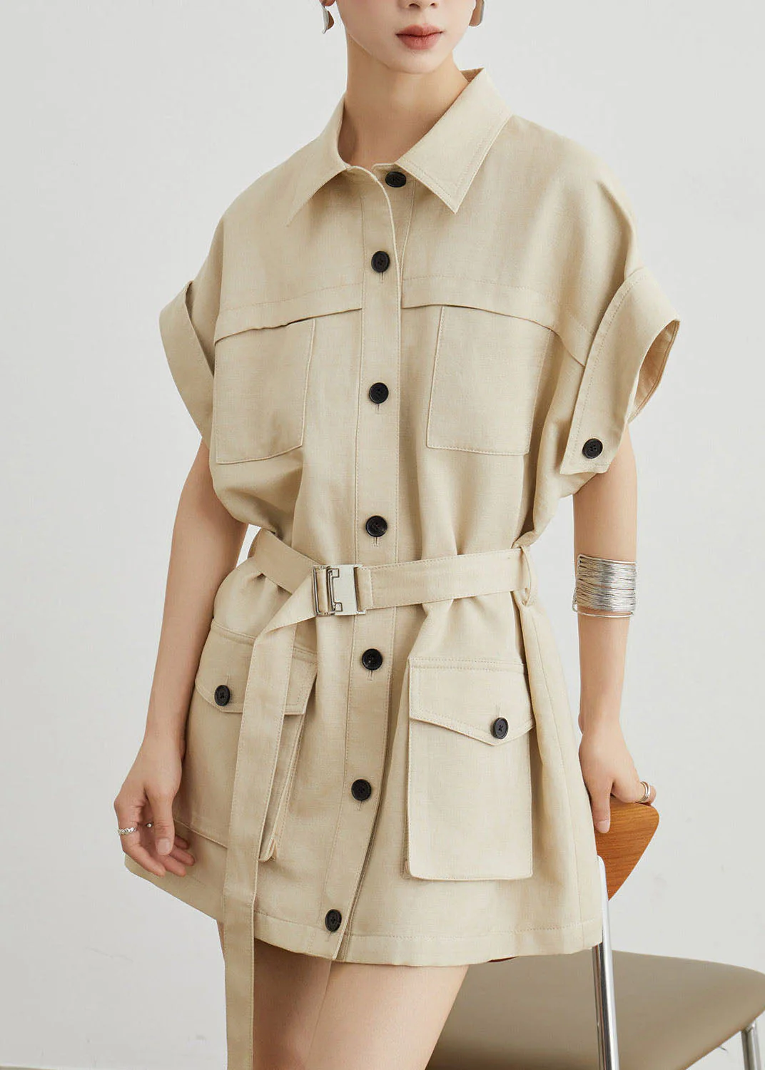 Casual Khaki Workwear Style Pockets T-Shirt Dress Summer