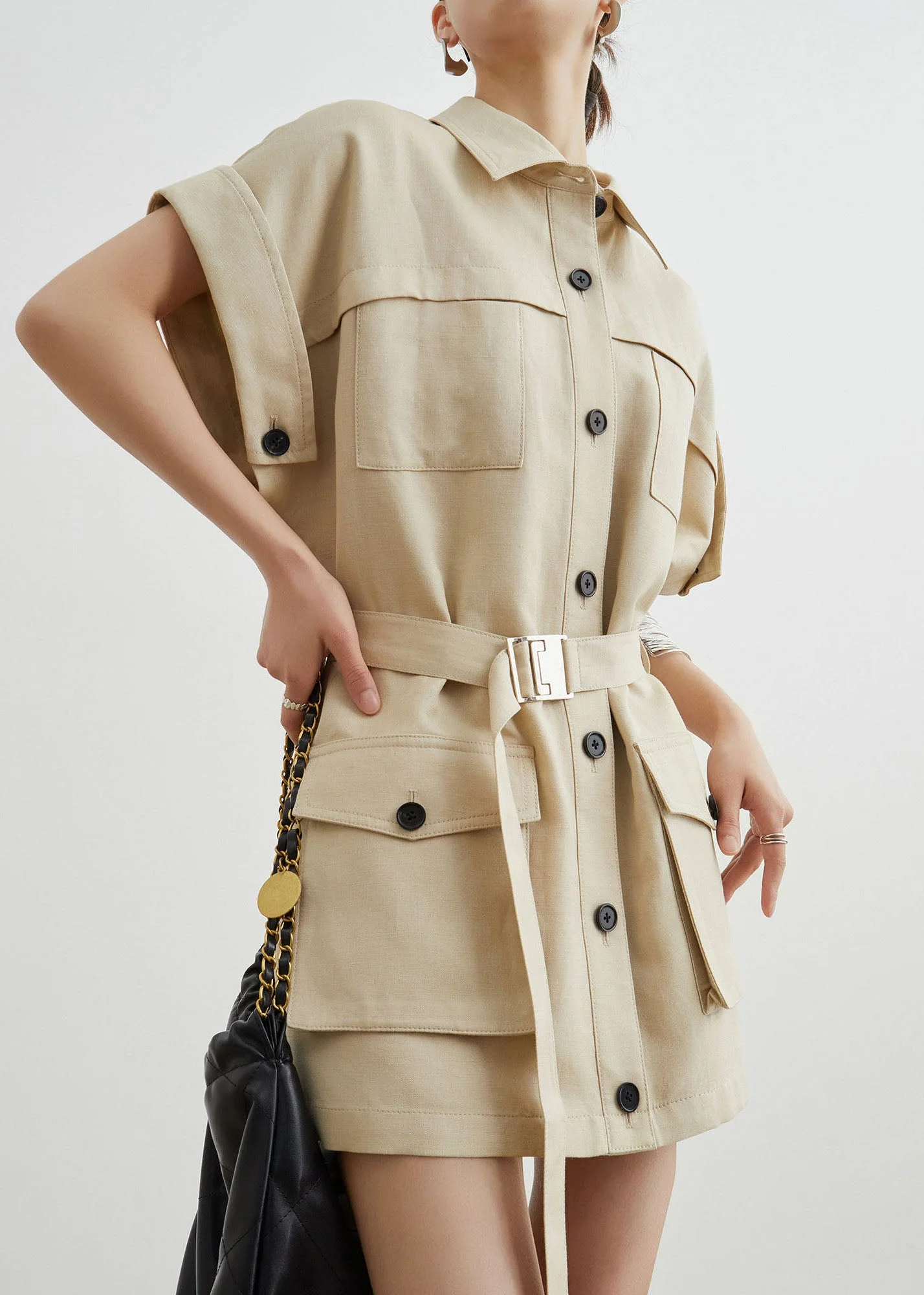 Casual Khaki Workwear Style Pockets T-Shirt Dress Summer - Image 2