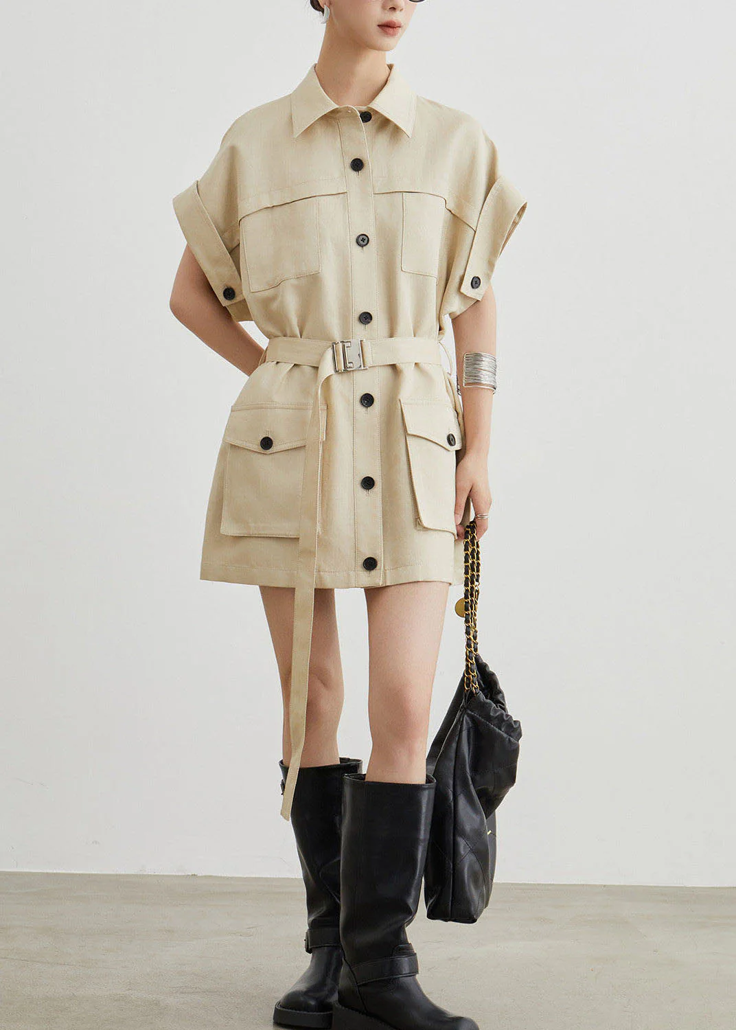 Casual Khaki Workwear Style Pockets T-Shirt Dress Summer - Image 3