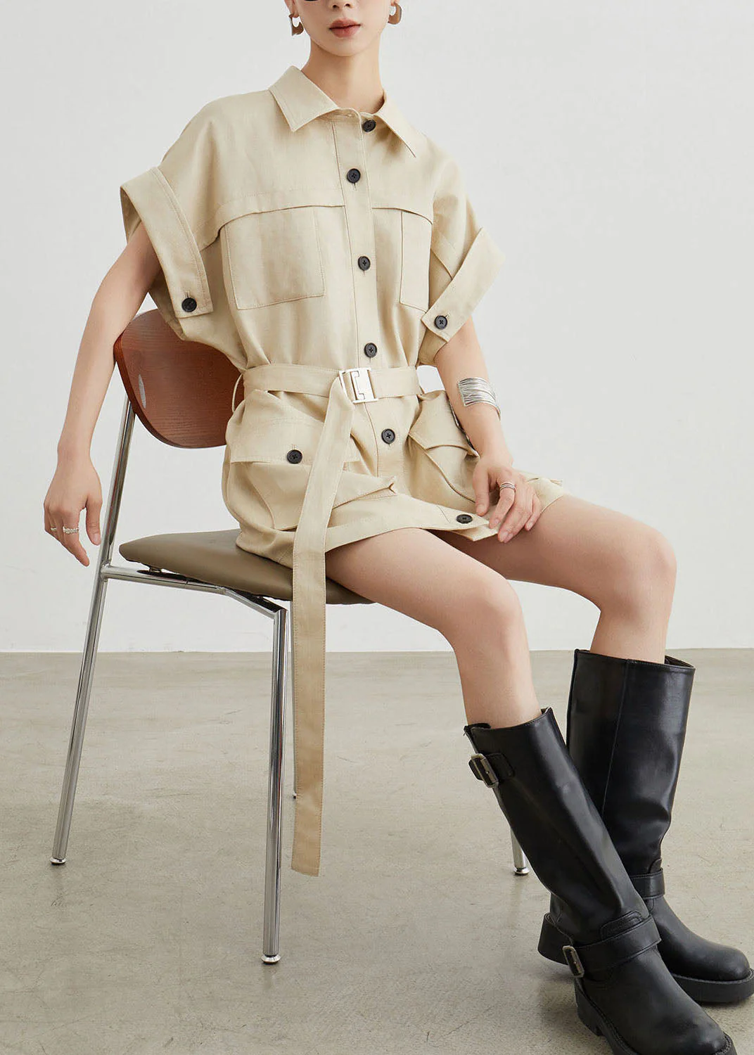 Casual Khaki Workwear Style Pockets T-Shirt Dress Summer - Image 4