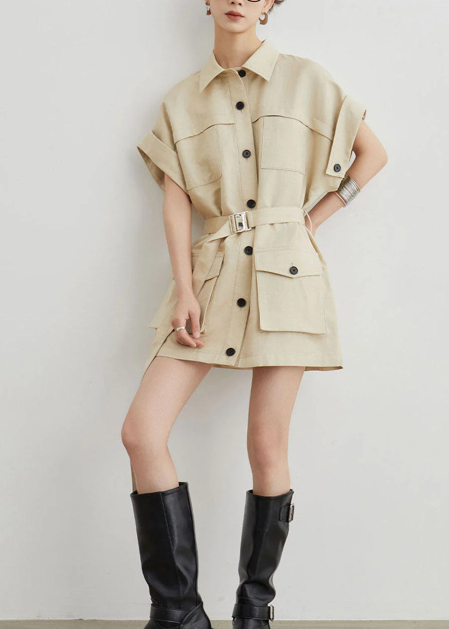 Casual Khaki Workwear Style Pockets T-Shirt Dress Summer - Image 5