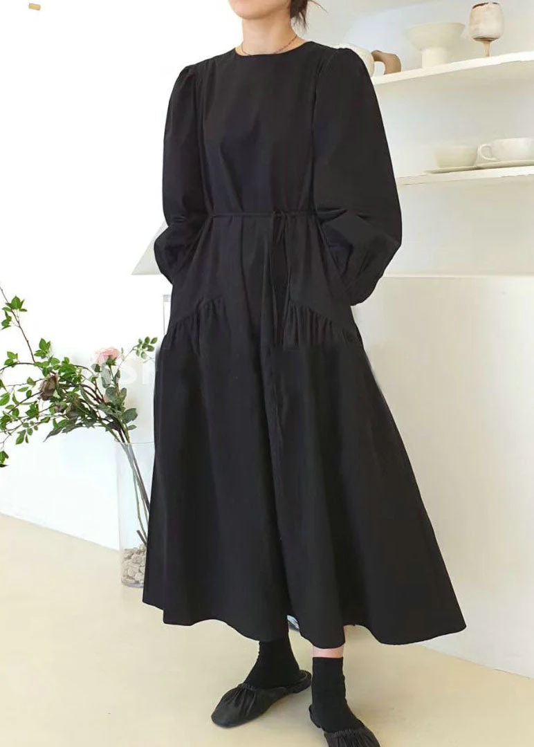 Casual Light Blue O Neck Patchwork Wrinkled Cotton Dress Puff Sleeve - Image 2