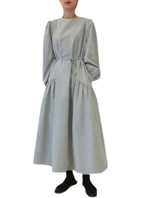 Casual Light Blue O Neck Patchwork Wrinkled Cotton Dress Puff Sleeve - Image 5