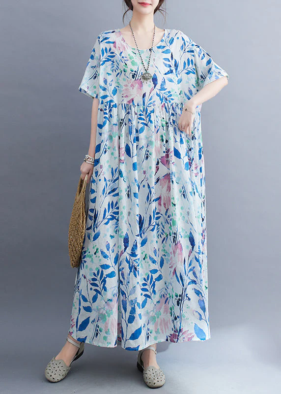 Casual Light Blue Patchwork Print Long Dress Summer - Image 2