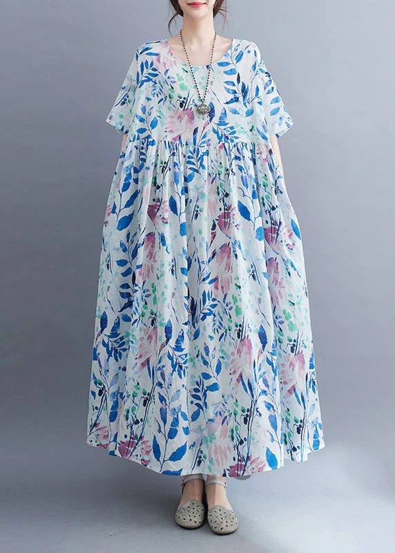 Casual Light Blue Patchwork Print Long Dress Summer - Image 3