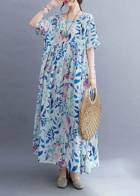 Casual Light Blue Patchwork Print Long Dress Summer - Image 4