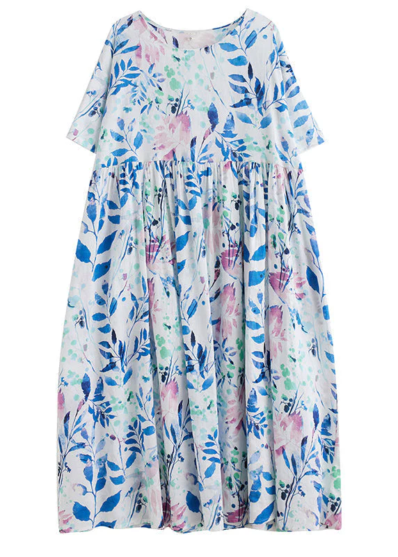 Casual Light Blue Patchwork Print Long Dress Summer - Image 5