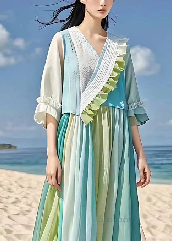 Casual Light Blue Ruffled Patchwork Wrinkled Linen Dress Summer - Image 2