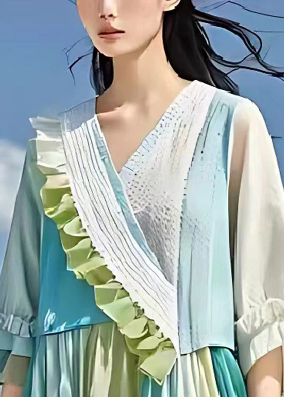Casual Light Blue Ruffled Patchwork Wrinkled Linen Dress Summer - Image 3