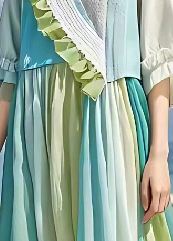 Casual Light Blue Ruffled Patchwork Wrinkled Linen Dress Summer - Image 4