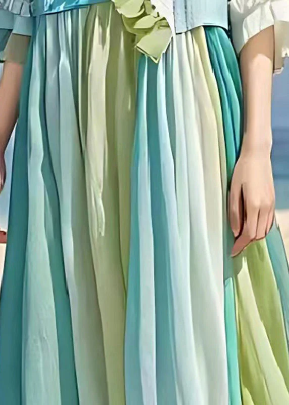 Casual Light Blue Ruffled Patchwork Wrinkled Linen Dress Summer - Image 5