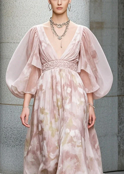Casual Light Pink Puff Sleeve Print Chiffon Cinched Dress - Image 2