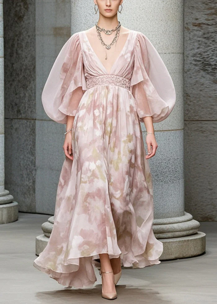 Casual Light Pink Puff Sleeve Print Chiffon Cinched Dress - Image 3