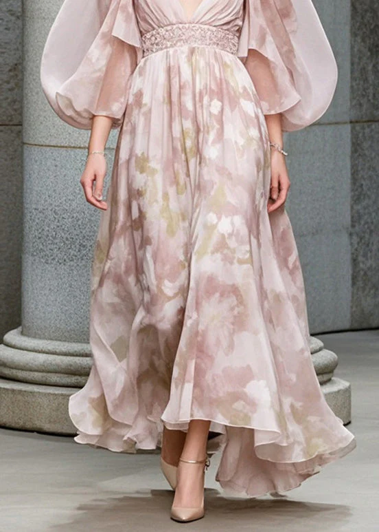 Casual Light Pink Puff Sleeve Print Chiffon Cinched Dress - Image 4