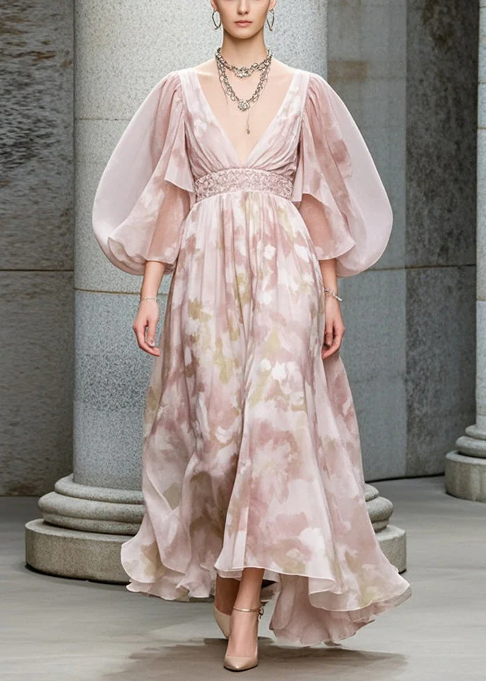 Casual Light Pink Puff Sleeve Print Chiffon Cinched Dress - Image 5