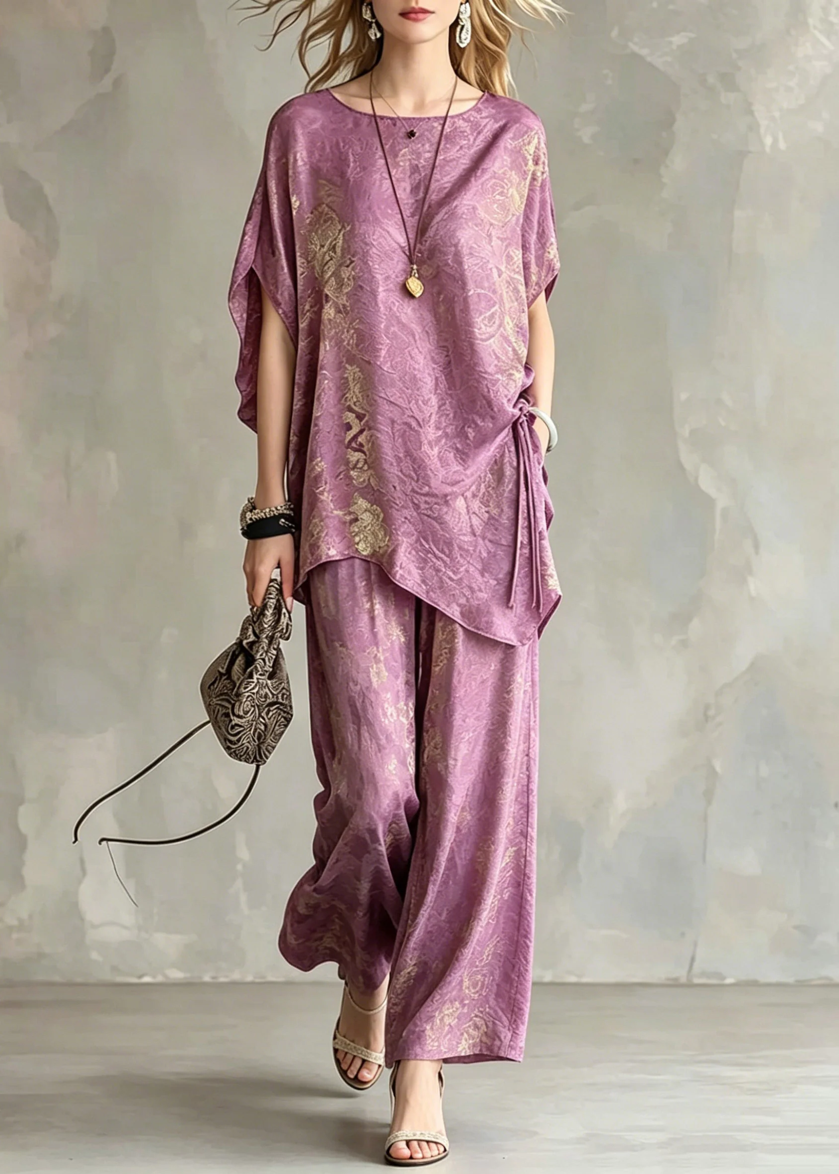 Casual Light Purple Asymmetrical Tie Waist Silk T Shirts And Wide Leg Pants Two Pieces Set Short Sleeve