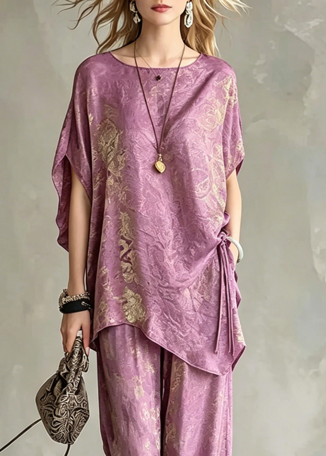 Casual Light Purple Asymmetrical Tie Waist Silk T Shirts And Wide Leg Pants Two Pieces Set Short Sleeve - Image 2