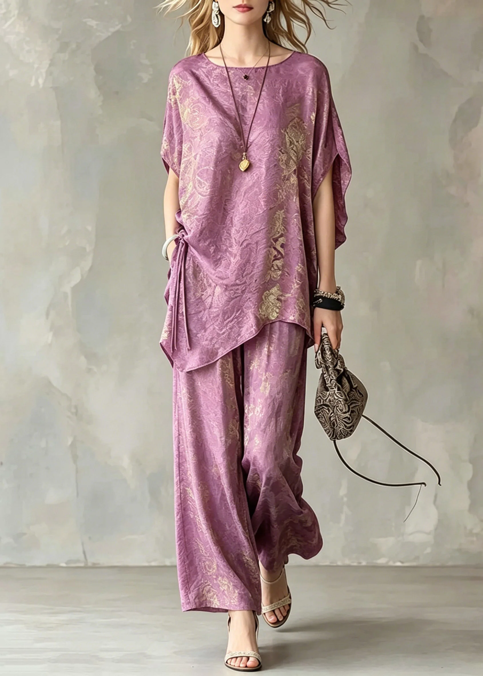 Casual Light Purple Asymmetrical Tie Waist Silk T Shirts And Wide Leg Pants Two Pieces Set Short Sleeve - Image 3