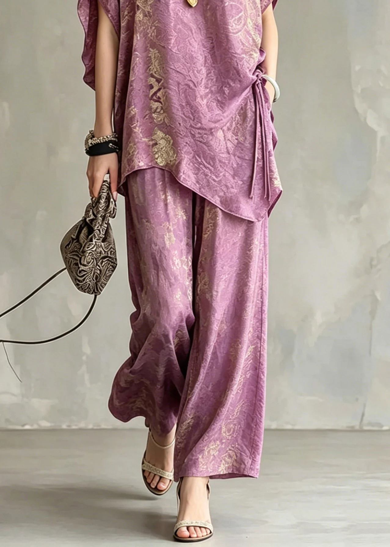 Casual Light Purple Asymmetrical Tie Waist Silk T Shirts And Wide Leg Pants Two Pieces Set Short Sleeve - Image 4