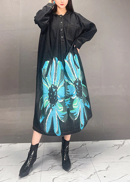 Casual Loose Black Hooded Print Denim Long Dress Fall - Image 3