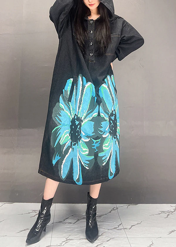 Casual Loose Black Hooded Print Denim Long Dress Fall - Image 4