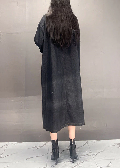 Casual Loose Black Hooded Print Denim Long Dress Fall - Image 5