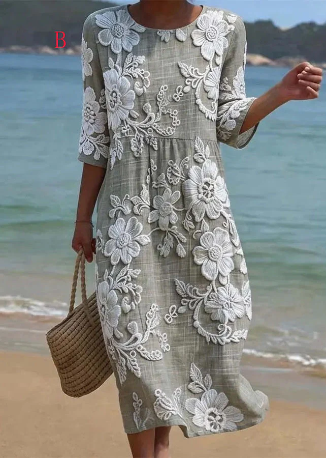 Casual Loose O Neck Print Cotton Long Dress Summer - Image 2