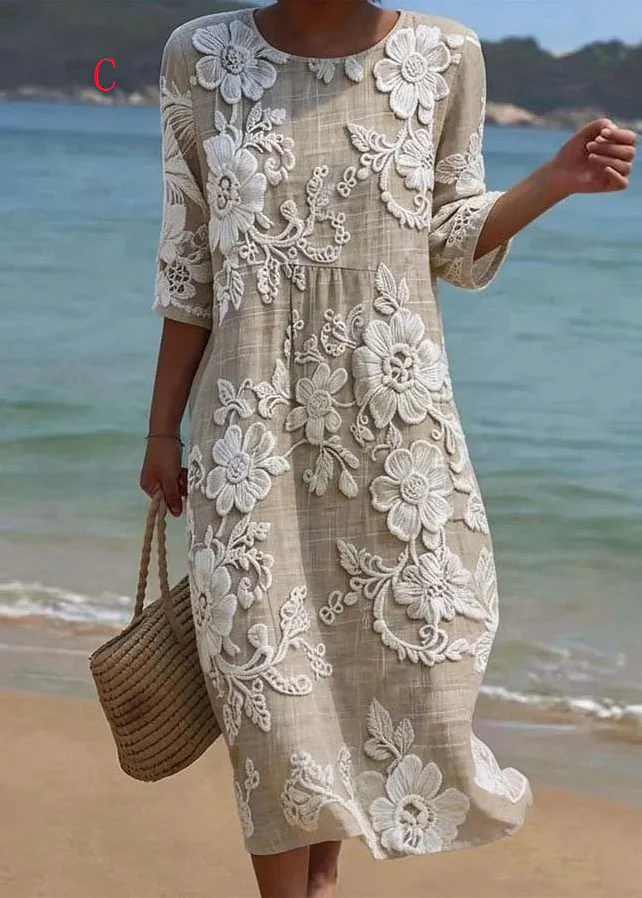 Casual Loose O Neck Print Cotton Long Dress Summer - Image 3