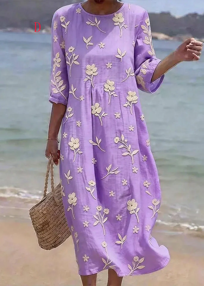 Casual Loose O Neck Print Cotton Long Dress Summer - Image 4