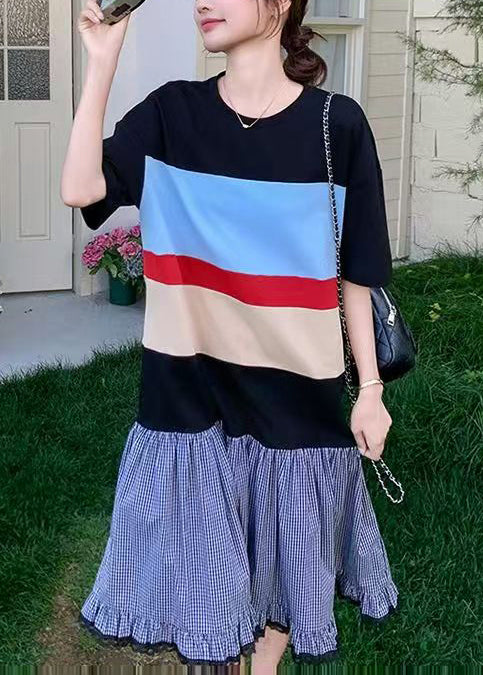 Casual Mixed Color Oversized Patchwork Cotton Long Dress Summer - Image 3