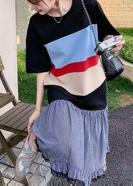 Casual Mixed Color Oversized Patchwork Cotton Long Dress Summer - Image 4