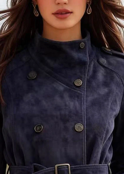 Casual Navy Double Breast Faux Suede Tunic Coats Spring - Image 2
