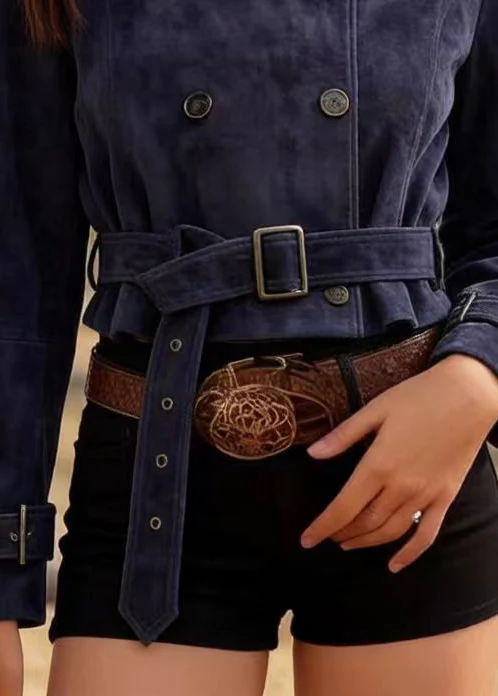 Casual Navy Double Breast Faux Suede Tunic Coats Spring - Image 4