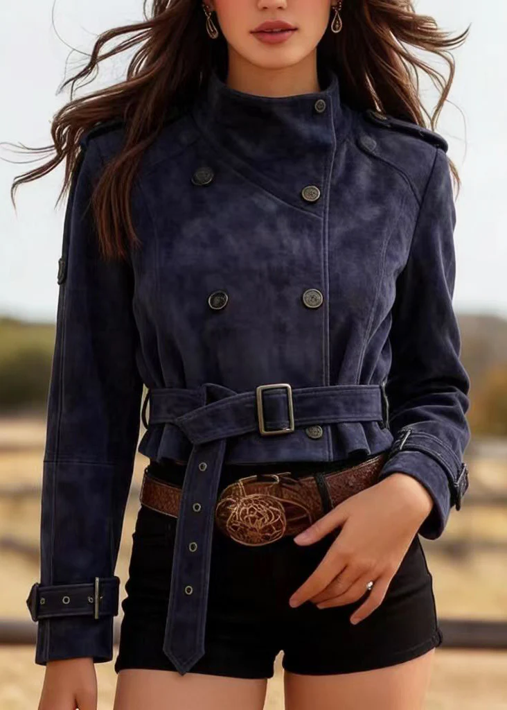 Casual Navy Double Breast Faux Suede Tunic Coats Spring - Image 5
