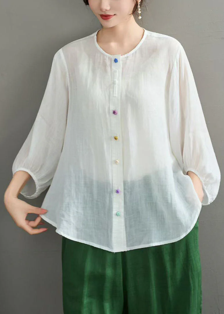 Casual Navy O Neck Button Loose Linen Shirts Summer - Image 3