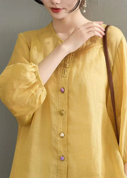 Casual Navy O Neck Button Loose Linen Shirts Summer - Image 4