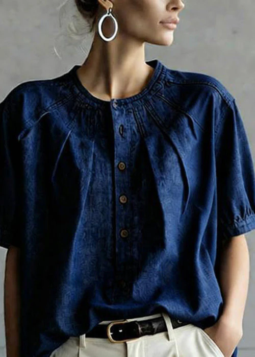 Casual Navy O Neck Button Wrinkled Denim Top Summer - Image 2