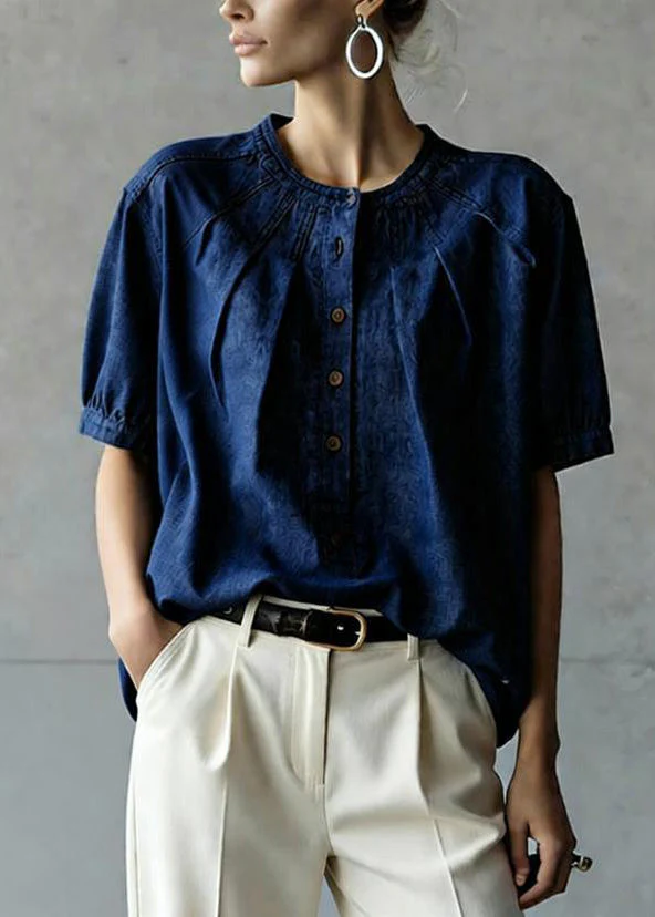Casual Navy O Neck Button Wrinkled Denim Top Summer - Image 3