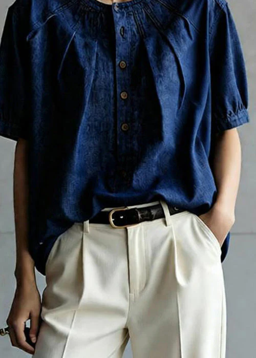 Casual Navy O Neck Button Wrinkled Denim Top Summer - Image 4