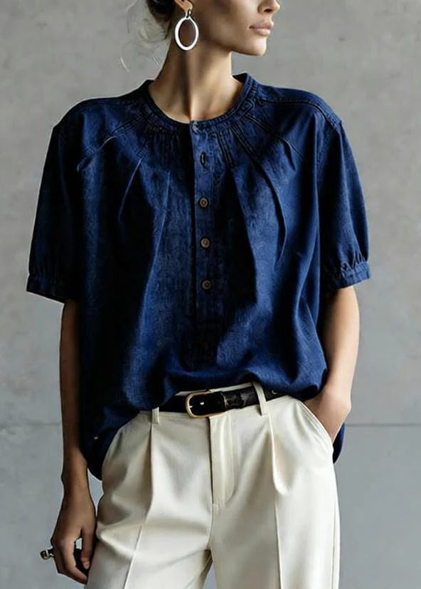 Casual Navy O Neck Button Wrinkled Denim Top Summer - Image 5